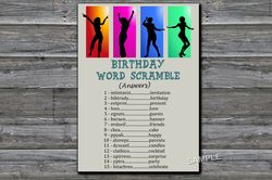 Dance party Birthday Word Scramble Game,Adult Birthday party game-fun games for her-Instant download