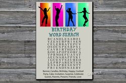 Dance party Birthday Word Search Game,Adult Birthday party game-fun games for her-Instant download