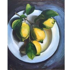 Lemon Painting, Original Art, Fruit Painting, Food Artwork, Kitchen Small Painting, 10 by 12 in