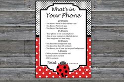 Ladybug What's in Your Phone Birthday Party Game,Adult Birthday party game-fun games for her-Instant download