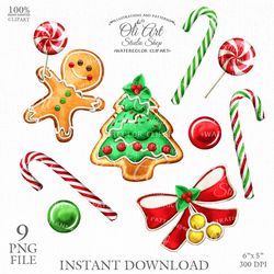 Merry Christmas Set Clip Art. Gingerbread, Lollypop, Tree. Hand Drawn Graphics, Digital Download. OliArtStudioShop