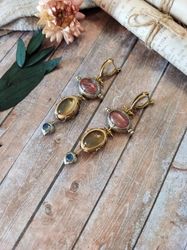 Victorian Dangle Earrings, Big Natural Stones, Carnelian Earrings Quartz Earrings