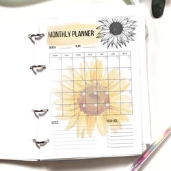 Daily planner 2023 Sunflower Printable Monthly Calendar 2023 Digital planner Week planner