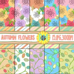 Autumn Flowers Digital Paper set, 15 seamless patterns for scrapbooking and crafting