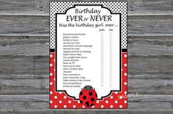 Ladybug Birthday ever or never game,Adult Birthday party game-fun games for her-Instant download