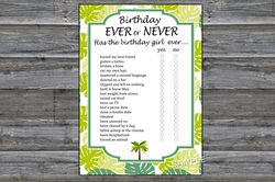 Jungle themed Birthday ever or never game,Tropical Adult Birthday party game-fun games for her-Instant download