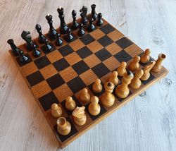 Wooden chess set USSR: Soviet Yunost chess pieces 1980s - antique Russian chess board 1950s