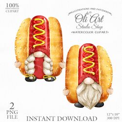 Gnome Hot Dog Clip Art. Fast Food. Cute Characters. Hand Drawn graphics. Digital Download. OliArtStudioShop