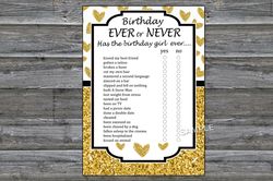 Gold glitter heart Birthday ever or never game,Adult Birthday party game-fun games for her-Instant download