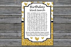 Gold glitter heart Birthday Word Search Game,Adult Birthday party game-fun games for her-Instant download