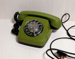 Soviet Vintage Disk Phone. Desk Rotary phone. Green Russian phone