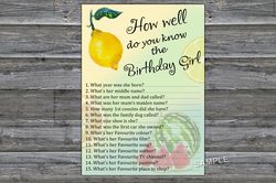 Lemon How well do you know the birthday girl,Adult Birthday party game-fun games for her-Instant download