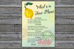 Lemon What's in Your Phone Birthday Party Game,Adult Birthday party game-fun games for her-Instant download