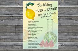 Lemon Birthday ever or never game,Adult Birthday party game-fun games for her-Instant download