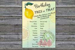 Lemon Birthday This or that game,Adult Birthday party game-fun games for her-Instant download