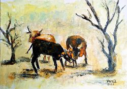 Cows Painting Original Art Oil Painting Farm Painting Cow Artwork Kansas Landscape Neutral Painting Cows Wall Art 11x14"