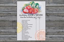 Strawberry Birthday ever or never game,Adult Birthday party game-fun games for her-Instant download