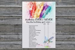 Tribal Feather Birthday ever or never game,Adult Birthday party game-fun games for her-Instant download