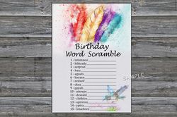 Tribal Feather Birthday Word Scramble Game,Adult Birthday party game-fun games for her-Instant download
