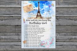 Paris themed How well do you know the birthday girl,Adult Birthday party game-fun games for her-Instant download