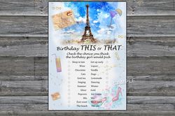 Paris themed Birthday This or that game,Adult Birthday party game-fun games for her-Instant download