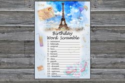 Paris themed Birthday Word Scramble Game,Adult Birthday party game-fun games for her-Instant download