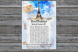 Paris themed Birthday Word Search Game,Adult Birthday party game-fun games for her-Instant download