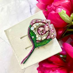 Moon Flower Beaded Brooch, Handmade Embroidered Accessory, Pin Blossom in Pink with Half-moon Crescent, Flower Brooch