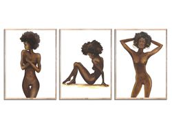 African American Woman Art Set of 3 Prints Black Woman Portrait Afro Woman Nude Figure Wall Art Watercolor Painting