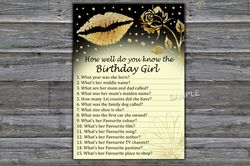 Gold Glitter Lips How well do you know the birthday girl,Adult Birthday party game-fun games for her-Instant download