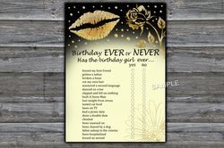 Gold Glitter Lips Birthday ever or never game,Adult Birthday party game-fun games for her-Instant download