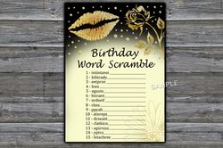 Gold Glitter Lips Birthday Word Scramble Game,Adult Birthday party game-fun games for her-Instant download