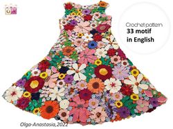 Crochet dress pattern , Wedding lace dress , irish crochet pattern , crochet flower pattern , crochet pattern .