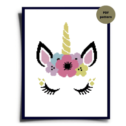 Cute unicorn cross stitch pattern, Flower cross stitch pattern, Easy embroidery, Instant download, Digital PDF