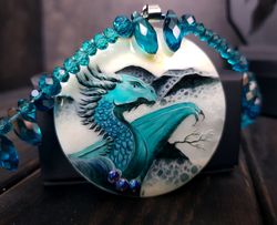 Dragon necklace. Miniature painting of dragon on mother of pearl pendant