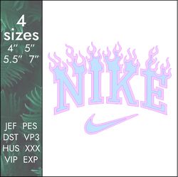 Nike on Fire Embroidery Design, blazing burning brand logo, 4 sizes