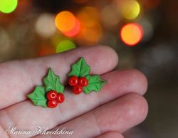 Holly studs Christmas holly earrings Xmas gifts Holiday present Christmas jewelry Winter gift ideas