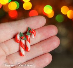 Candy cane stud earrings Christmas jewelry handmade