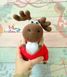 Stuffed toy moose, amazing gift for christmas and new year, soft crochet toy with horns, snow heart