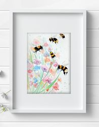 Watercolor painting original aquarelle bumblebee drawing bees insect by Anne Gorywine