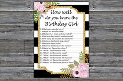 Black White Striped How well do you know the birthday girl,Adult Birthday party game-fun games for her-Instant download