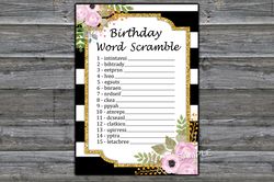 Black White Striped Birthday Word Scramble Game,Adult Birthday party game-fun games for her-Instant download