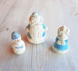Russian vintage Christmas decor dolls toys ornaments: Ded Moroz, Snegurochka and Snegovik - Santa, Snowgirl and Snowman