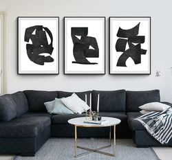 Abstract Art Black Prints Set Of 3 Posters Large Wall Art Digital Download Abstract Painting Triptych Black And White