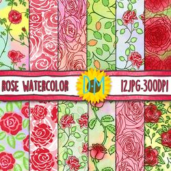 Rose Watercolor Digital Paper set, 12 floral seamless patterns for scrapbooking and crafting