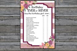 Pink Striped Birthday ever or never game,Adult Birthday party game-fun games for her-Instant download