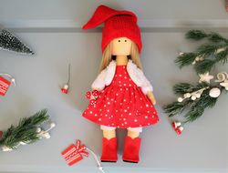 Handmade Russian doll, rag doll in the red hat, Christmas gift for daughter