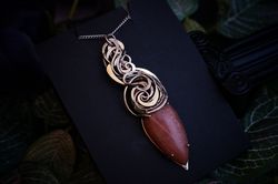 Large wire wrapped pendant with sunstone for women