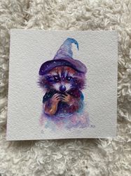 Witch Raccoon Watercolor Painting, Original Raccoon Watercolor, Magic Painting, Cottagecore Decor, Witchy Art