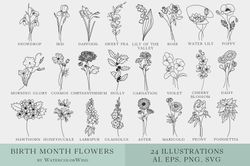 Birth Month Flower SVG Bundle, Flower Stem Sublimation Designs For Instant Download